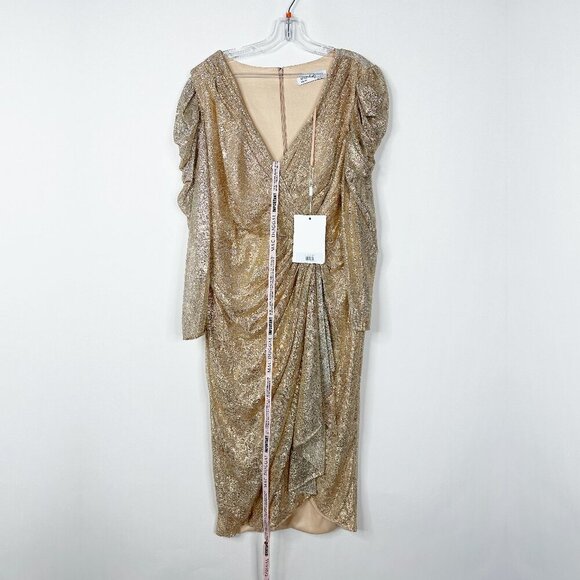 NWT Mac Duggal Long Sleeve Deep V Draped Shimmer Dress Rose Gold 16W - Picture 3 of 8